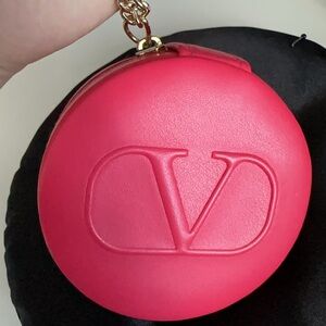 Valentino "V" Logo Pink "Go-Cushion" Round Cosmetic Case with Gold Chain